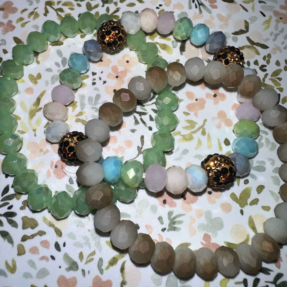 3 piece stackable beaded bracelets green pink stretchy shiny